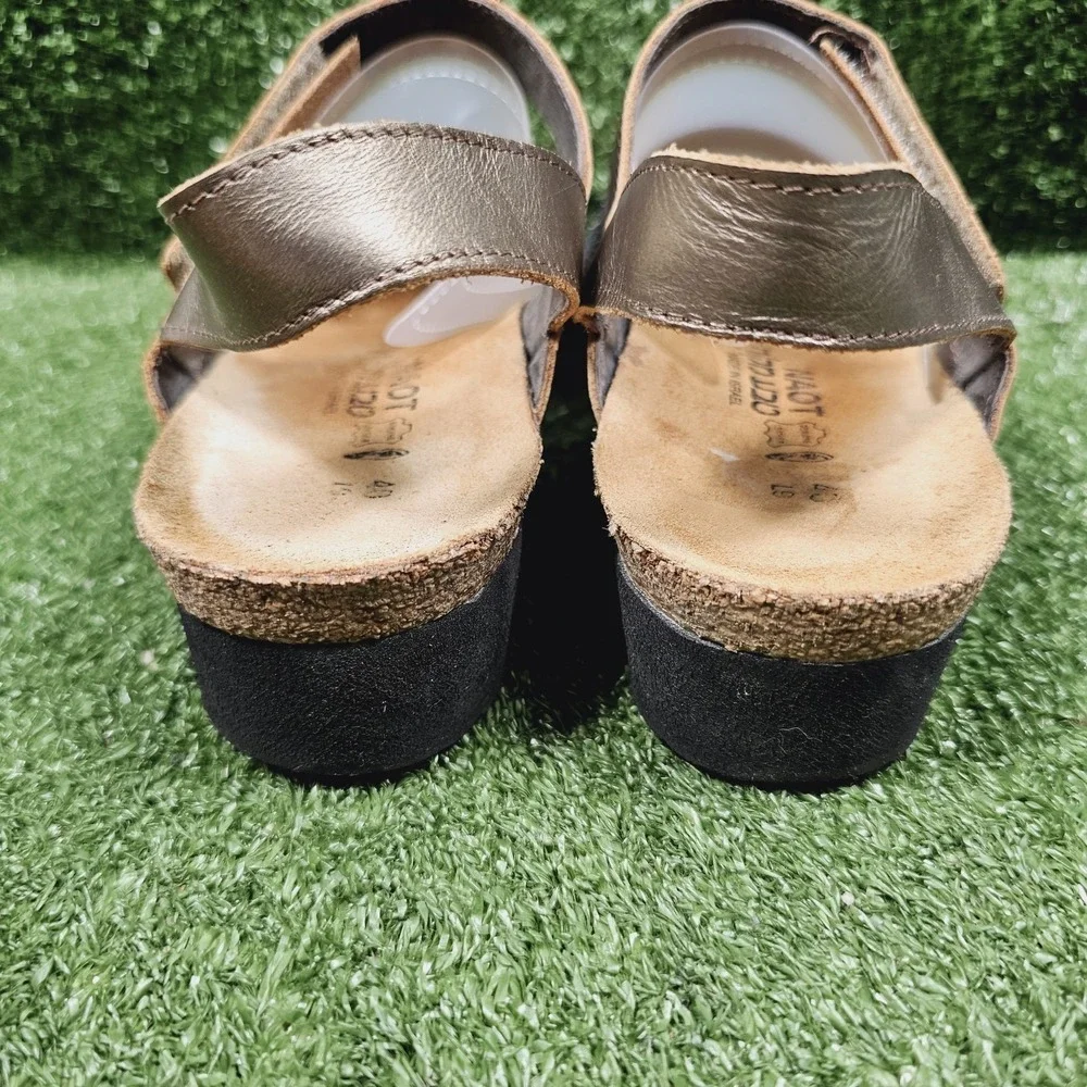 Naot Krista Gold Pewter Leather Embellished Slingback Wedge Sandals Size 40 US 9